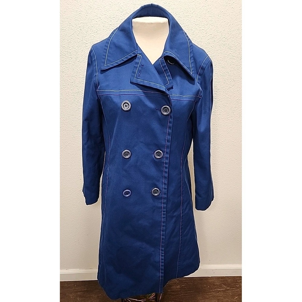 Vintage 70s‎ London Fog Maincoats Size 12 Trench Coat Navy Blue White Stitch USA
